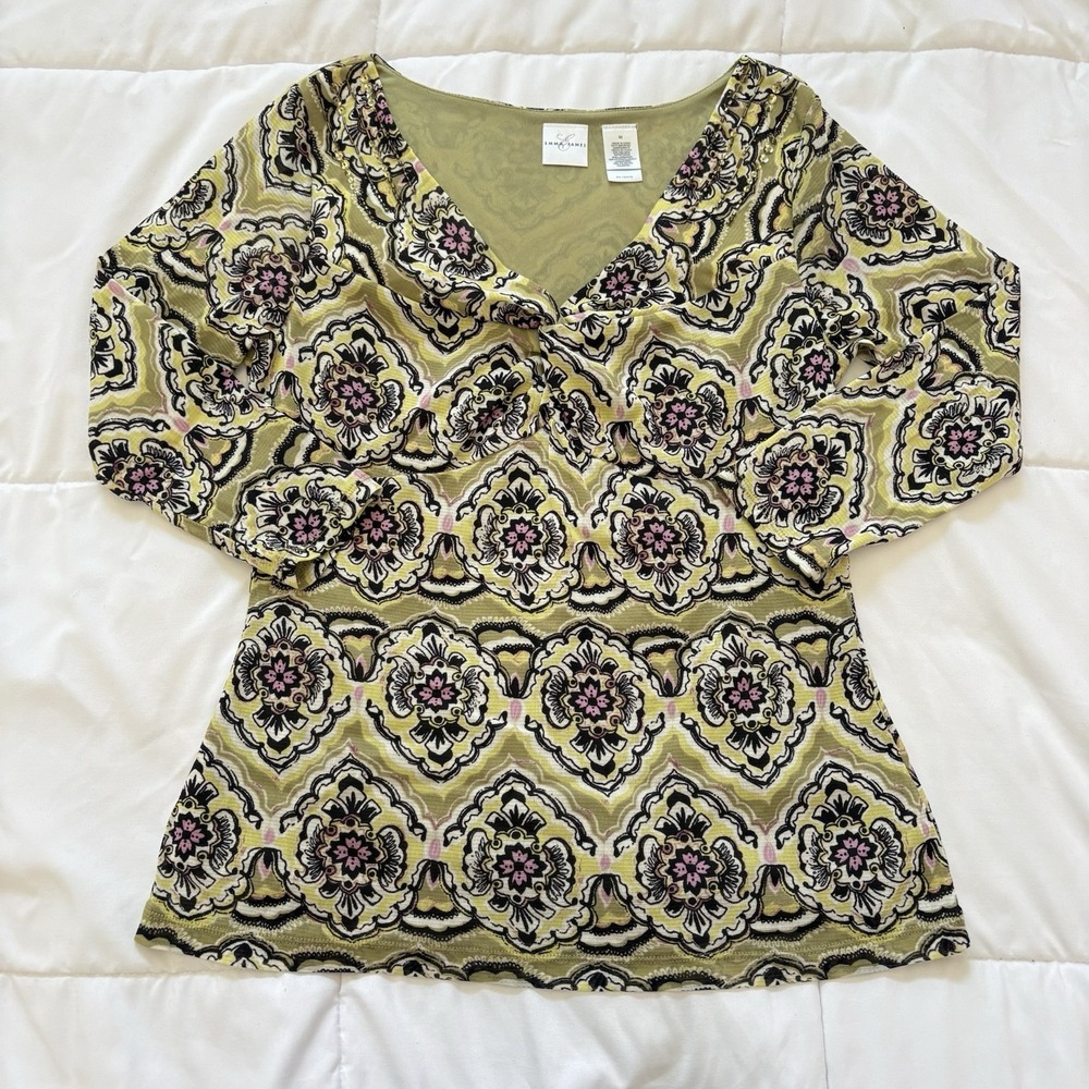 Vintage 90s Blouse 3/4 Sleeve Beaded V-neck Green Boho Hippie Feminine Dainty